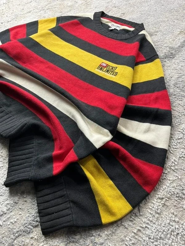 Suéter de gola redonda com estampa de listras pretas e vermelhas Retro Ecko unltd. Masculino tamanho M – photo 2